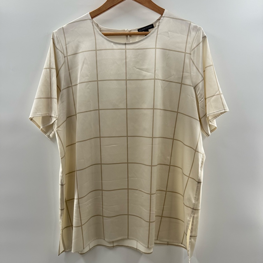 Eileen Fisher Silk Jewel Neck Short Sleeve Box Top Cream Blouse Size Large - Picture 2 of 13